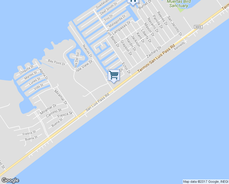 map of restaurants, bars, coffee shops, grocery stores, and more near 19278 Kenedy Drive in Galveston