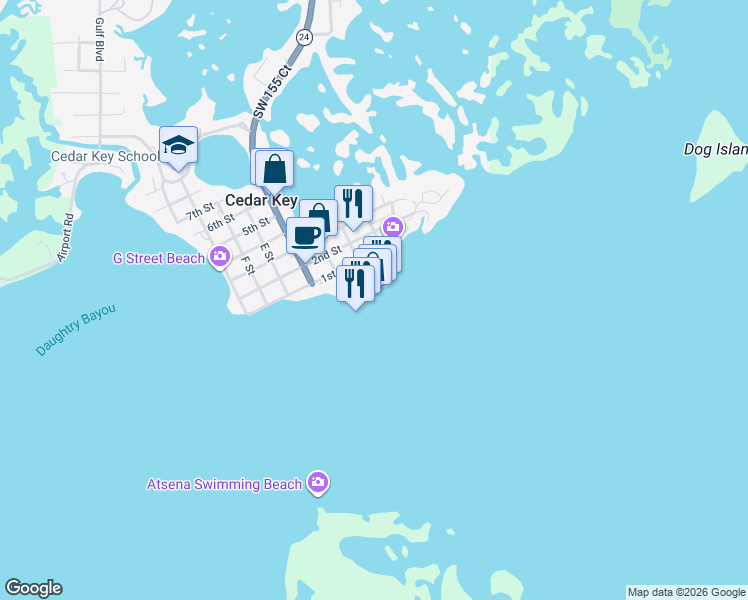 map of restaurants, bars, coffee shops, grocery stores, and more near 390 Dock Street in Cedar Key