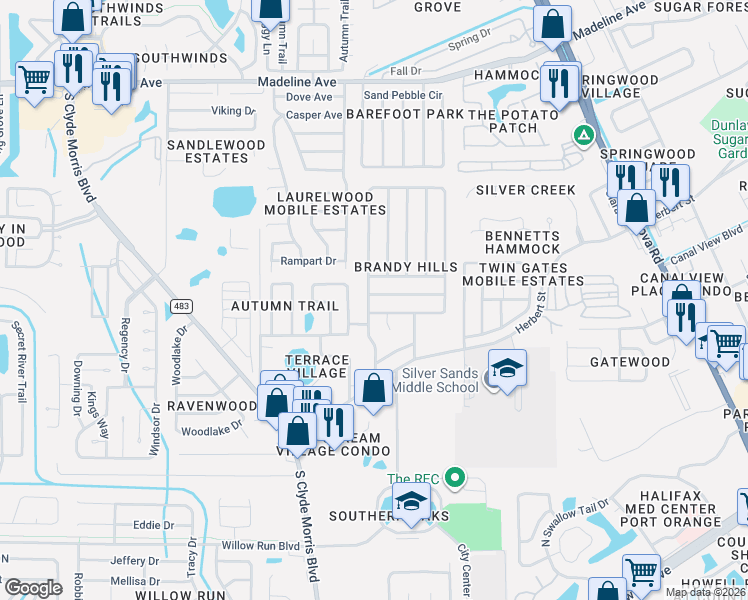 map of restaurants, bars, coffee shops, grocery stores, and more near 46 Lemon Twist Lane in Port Orange