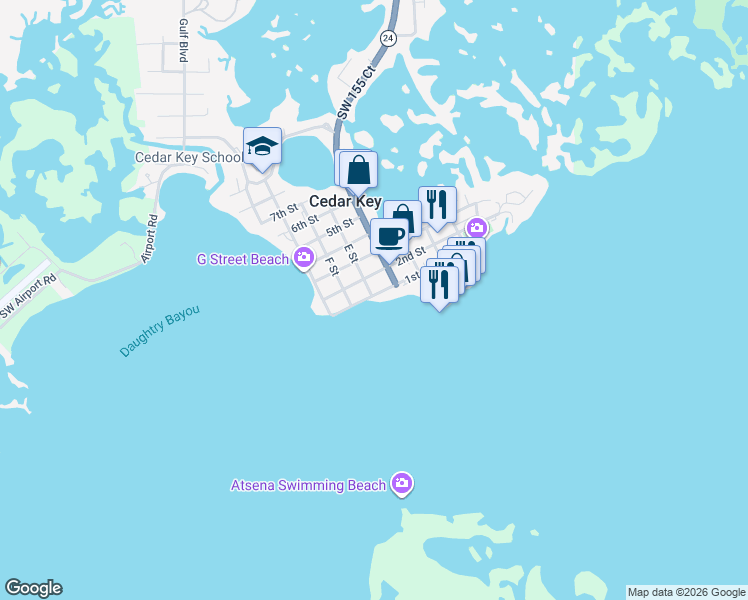 map of restaurants, bars, coffee shops, grocery stores, and more near 660 1st St in Cedar Key