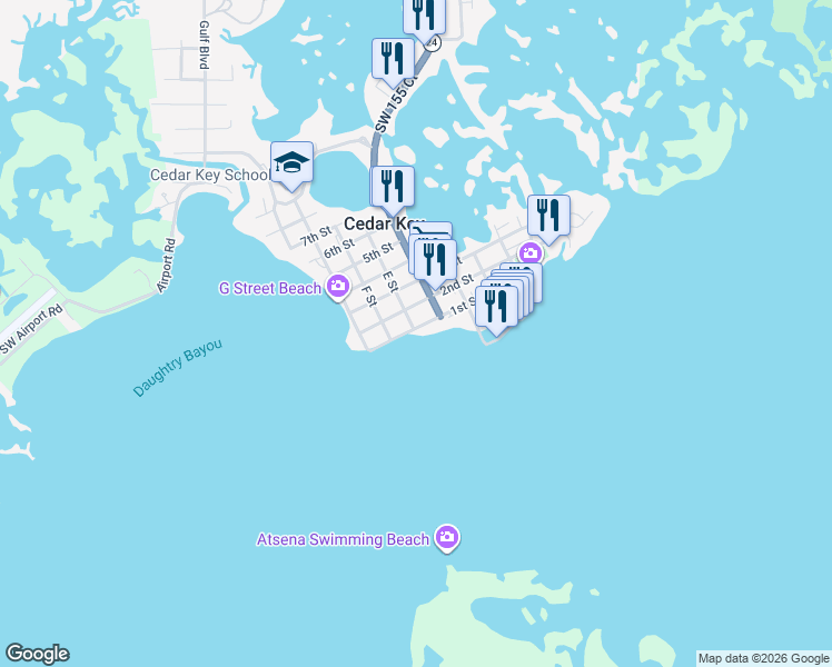 map of restaurants, bars, coffee shops, grocery stores, and more near 660 1st Street in Cedar Key