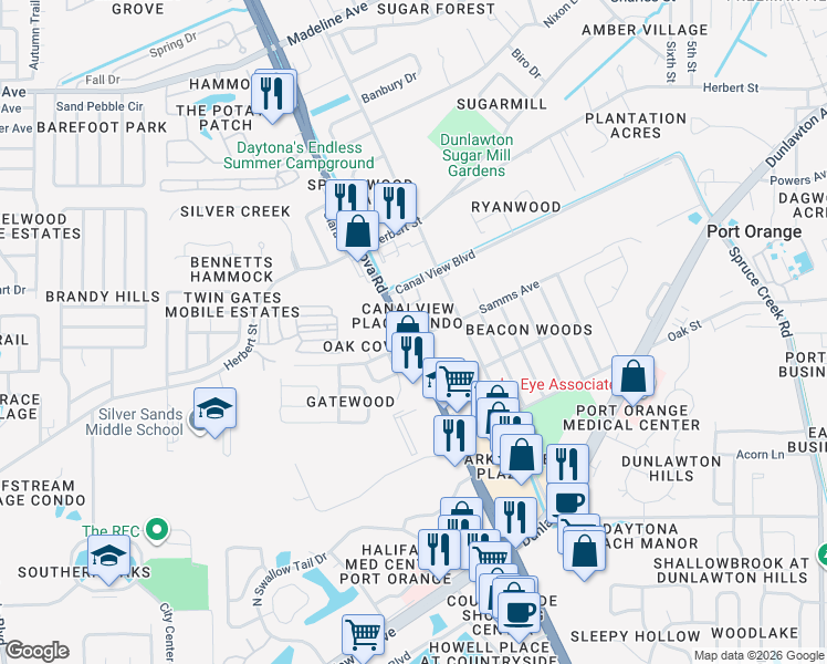 map of restaurants, bars, coffee shops, grocery stores, and more near in Port Orange