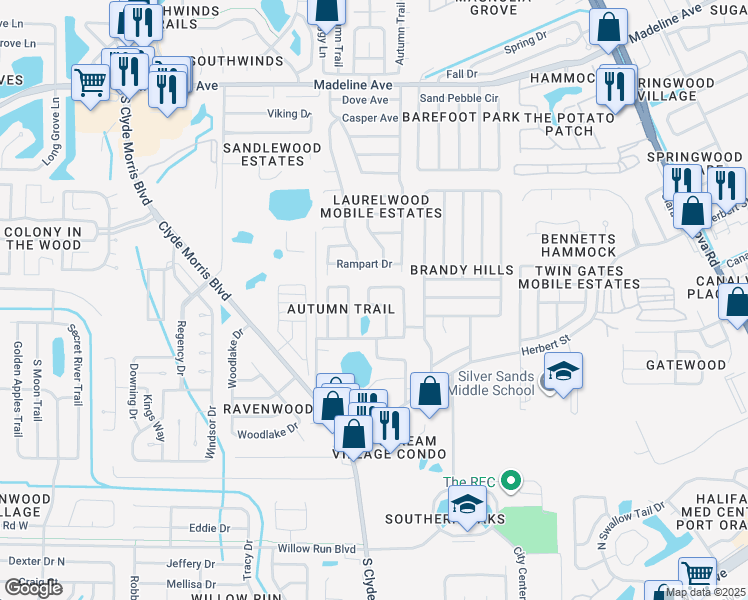 map of restaurants, bars, coffee shops, grocery stores, and more near 1041 Tompkins Drive in Port Orange