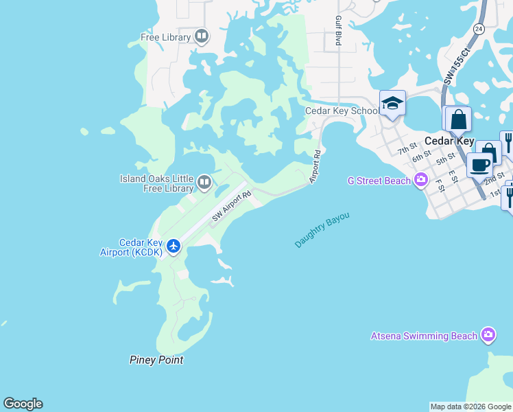 map of restaurants, bars, coffee shops, grocery stores, and more near 16616 Southwest Airport Road in Cedar Key