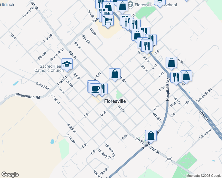 map of restaurants, bars, coffee shops, grocery stores, and more near 1201 C Street in Floresville