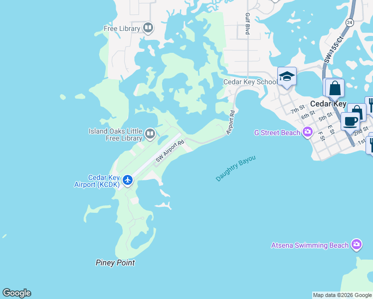 map of restaurants, bars, coffee shops, grocery stores, and more near 16616 Southwest Airport Road in Cedar Key
