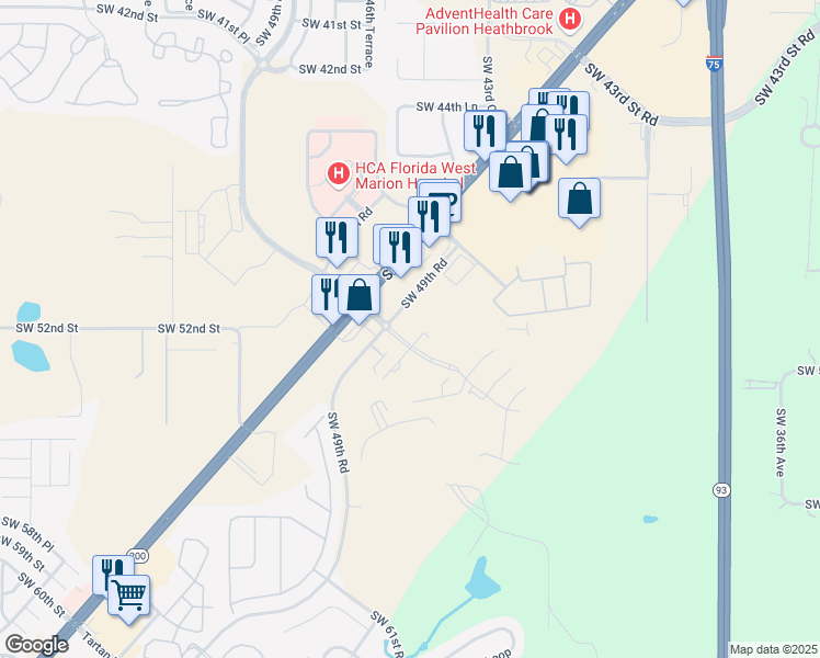 map of restaurants, bars, coffee shops, grocery stores, and more near 4730 Southwest 49th Road in Ocala