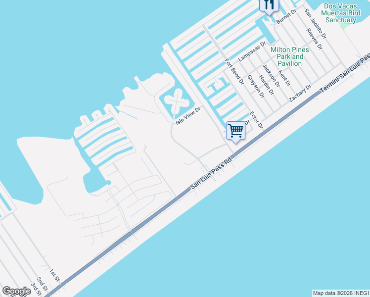 map of restaurants, bars, coffee shops, grocery stores, and more near 4210 Isla Del Sol in Galveston