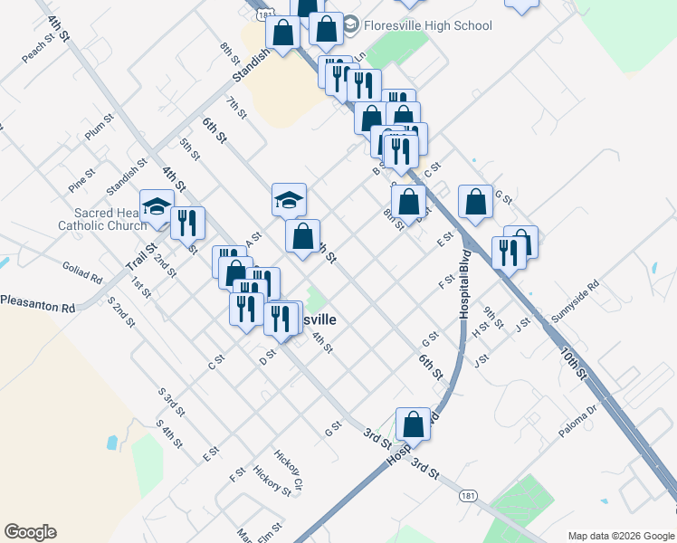 map of restaurants, bars, coffee shops, grocery stores, and more near 1406 6th Street in Floresville
