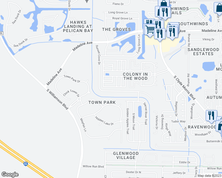 map of restaurants, bars, coffee shops, grocery stores, and more near 3897 Sunset Cove Drive in Port Orange