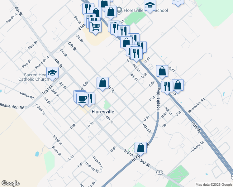 map of restaurants, bars, coffee shops, grocery stores, and more near 1406 6th St in Floresville