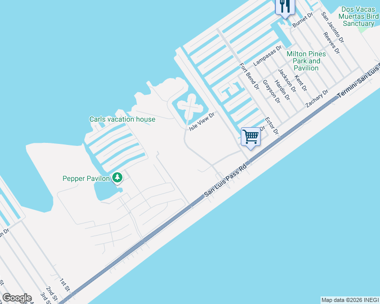 map of restaurants, bars, coffee shops, grocery stores, and more near 4119 Isla Del Sol in Galveston