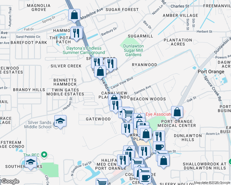 map of restaurants, bars, coffee shops, grocery stores, and more near 980 Canal View Boulevard in Port Orange