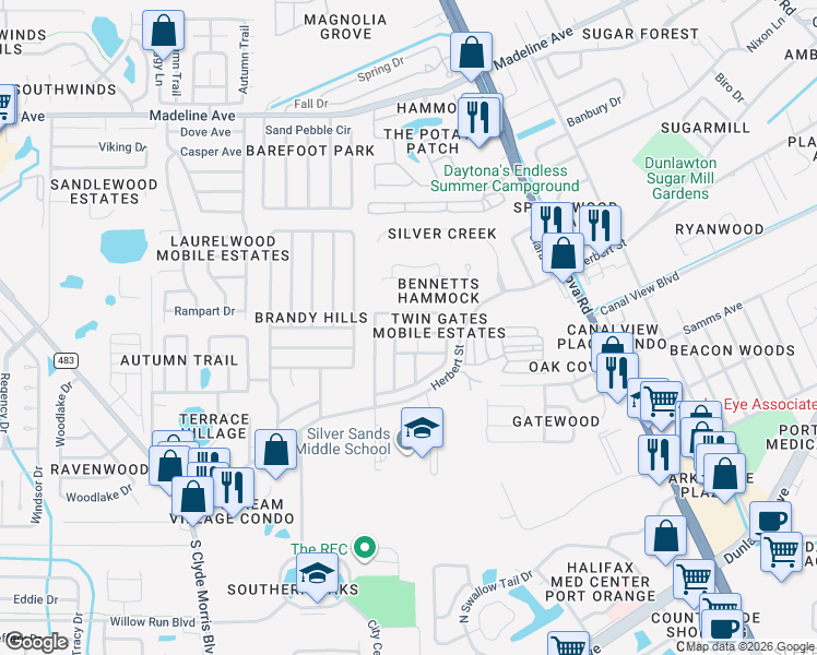 map of restaurants, bars, coffee shops, grocery stores, and more near 74 Golden Gate Circle in Port Orange