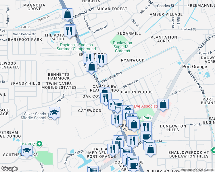 map of restaurants, bars, coffee shops, grocery stores, and more near 980 Canal View Boulevard in Port Orange