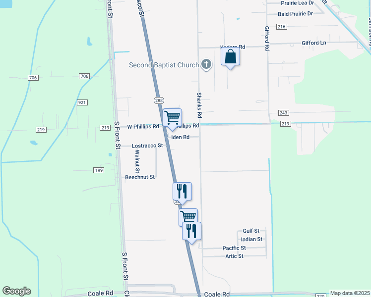 map of restaurants, bars, coffee shops, grocery stores, and more near 124 Iden Road in Angleton