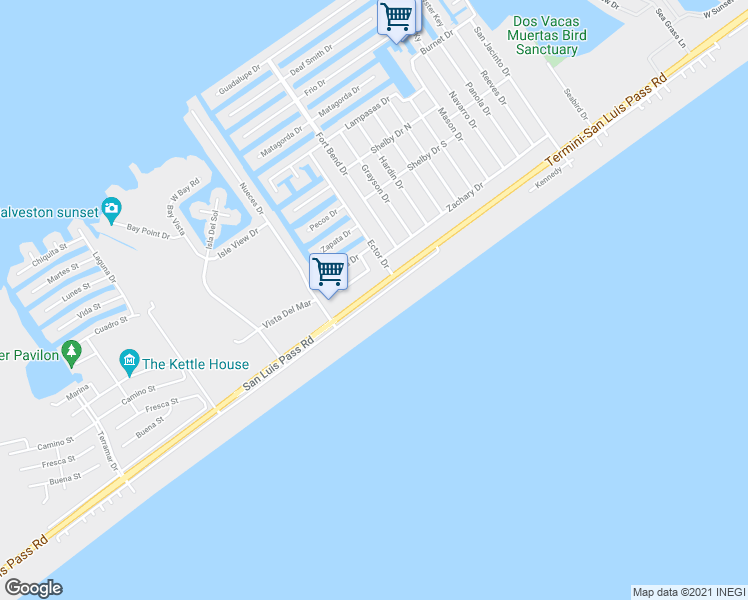 map of restaurants, bars, coffee shops, grocery stores, and more near 22214 Kennedy Drive in Galveston