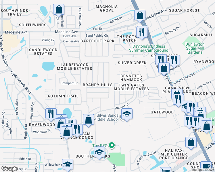 map of restaurants, bars, coffee shops, grocery stores, and more near 287 Brandy Hills Drive in Port Orange