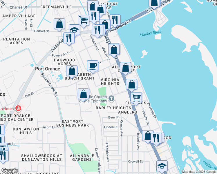 map of restaurants, bars, coffee shops, grocery stores, and more near 313 Lafayette Street in Port Orange