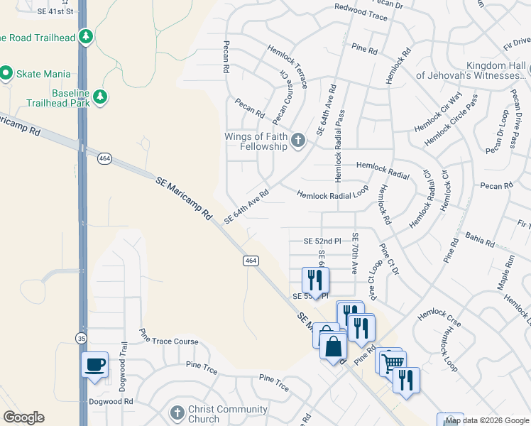 map of restaurants, bars, coffee shops, grocery stores, and more near 6457 Pecan Course in Ocala