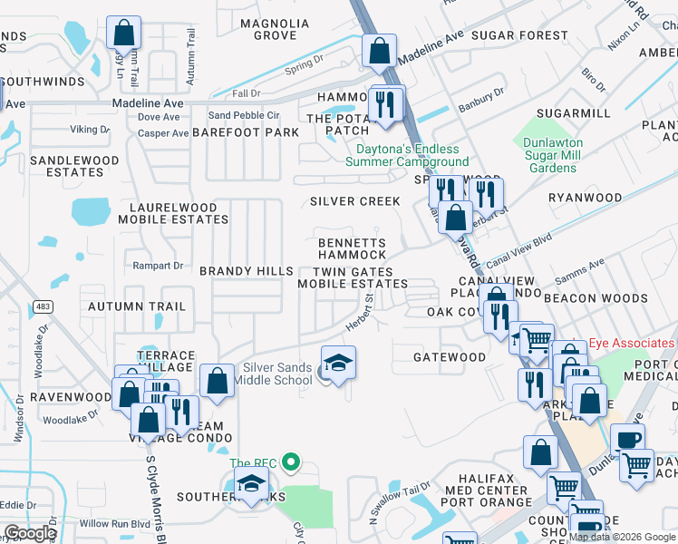 map of restaurants, bars, coffee shops, grocery stores, and more near 74 Golden Gate Cir in Port Orange