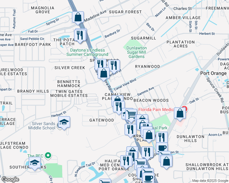 map of restaurants, bars, coffee shops, grocery stores, and more near 980 Canal View Boulevard in Port Orange