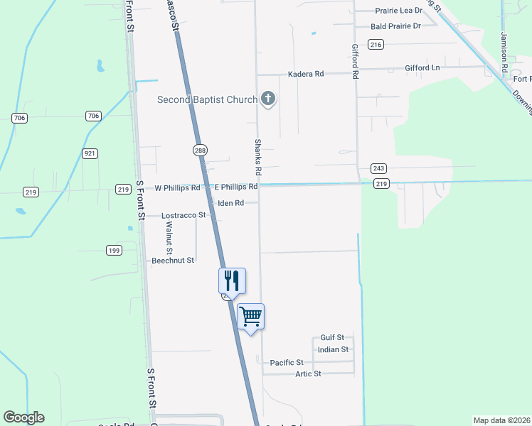 map of restaurants, bars, coffee shops, grocery stores, and more near 2125 Shanks Road in Angleton
