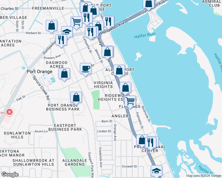 map of restaurants, bars, coffee shops, grocery stores, and more near 314 Jefferson Avenue in Port Orange