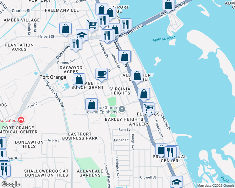 map of restaurants, bars, coffee shops, grocery stores, and more near 313 Lafayette Street in Port Orange