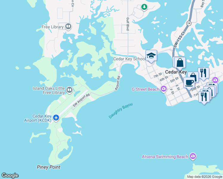 map of restaurants, bars, coffee shops, grocery stores, and more near 16453 Southwest Airport Road in Cedar Key