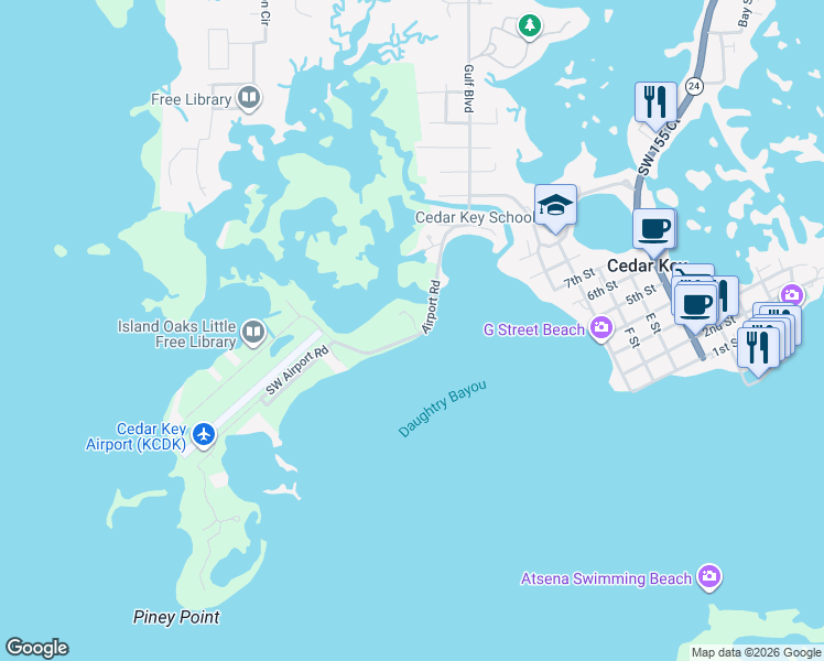 map of restaurants, bars, coffee shops, grocery stores, and more near 16453 Southwest Airport Road in Cedar Key