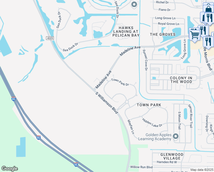map of restaurants, bars, coffee shops, grocery stores, and more near 1592 Town Park Drive in Port Orange
