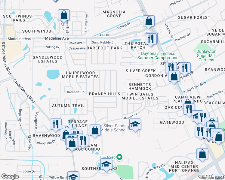 map of restaurants, bars, coffee shops, grocery stores, and more near 287 Brandy Hills Drive in Port Orange