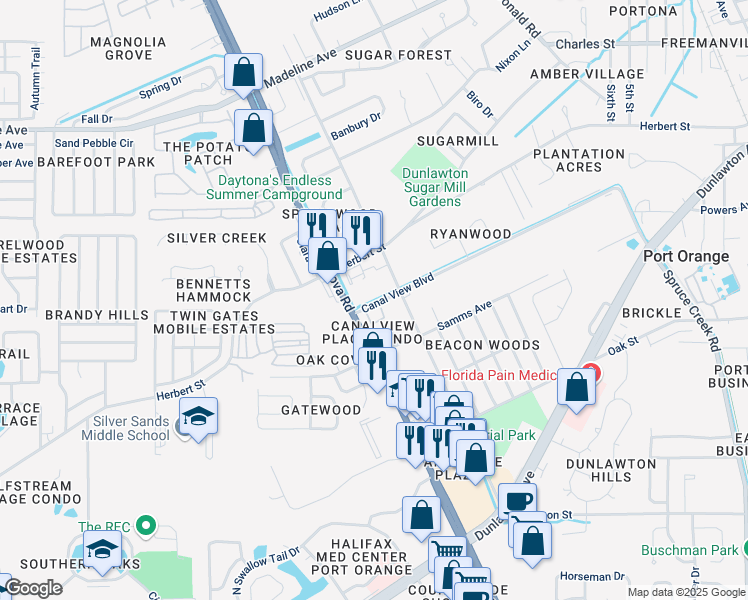 map of restaurants, bars, coffee shops, grocery stores, and more near 980 Canal View Boulevard in Port Orange