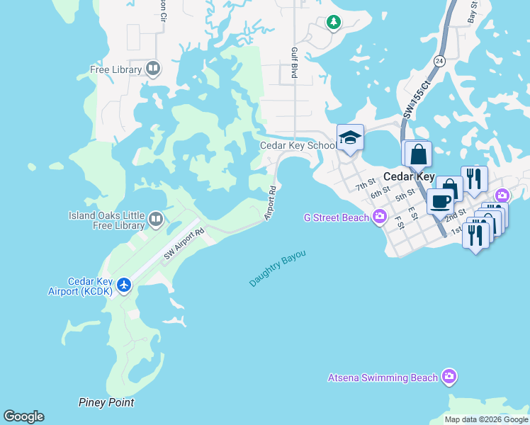 map of restaurants, bars, coffee shops, grocery stores, and more near 16453 Southwest Airport Road in Cedar Key