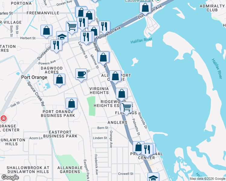 map of restaurants, bars, coffee shops, grocery stores, and more near 314 Jefferson Avenue in Port Orange