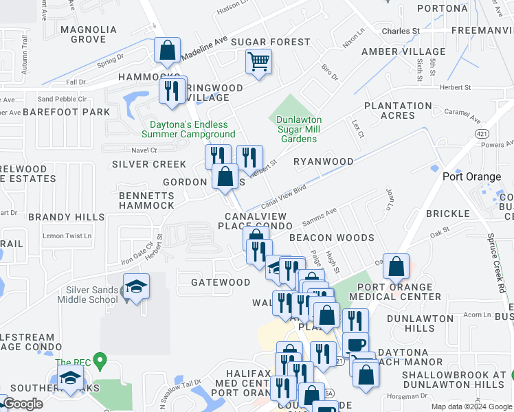 map of restaurants, bars, coffee shops, grocery stores, and more near 980 Canal View Boulevard in Port Orange
