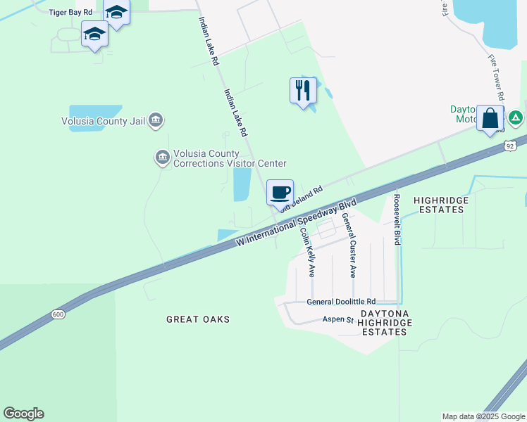 map of restaurants, bars, coffee shops, grocery stores, and more near 1386 Indian Lake Road in Daytona Beach