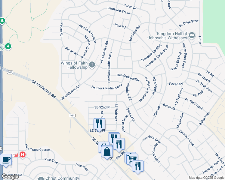 map of restaurants, bars, coffee shops, grocery stores, and more near 32 Hemlock Radial Loop in Ocala