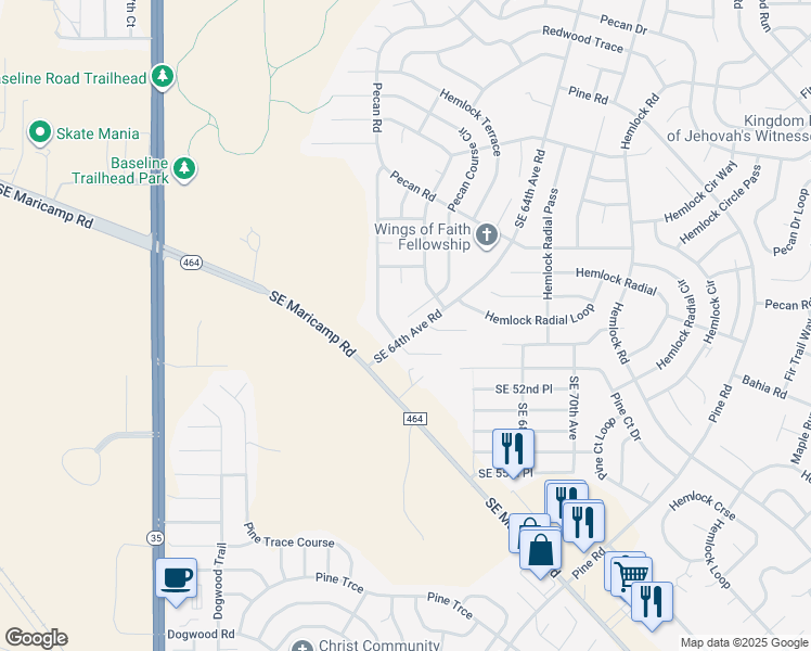 map of restaurants, bars, coffee shops, grocery stores, and more near 6 Pecan Course Circle in Ocala