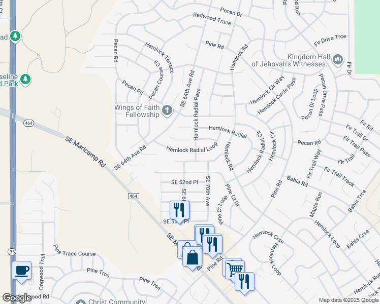 map of restaurants, bars, coffee shops, grocery stores, and more near 24 Hemlock Radial Court in Ocala
