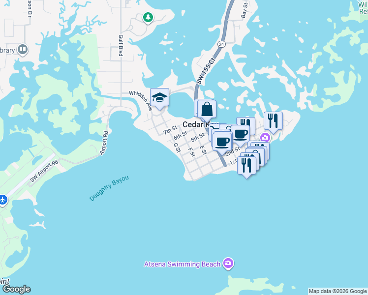 map of restaurants, bars, coffee shops, grocery stores, and more near 850 6th Street in Cedar Key