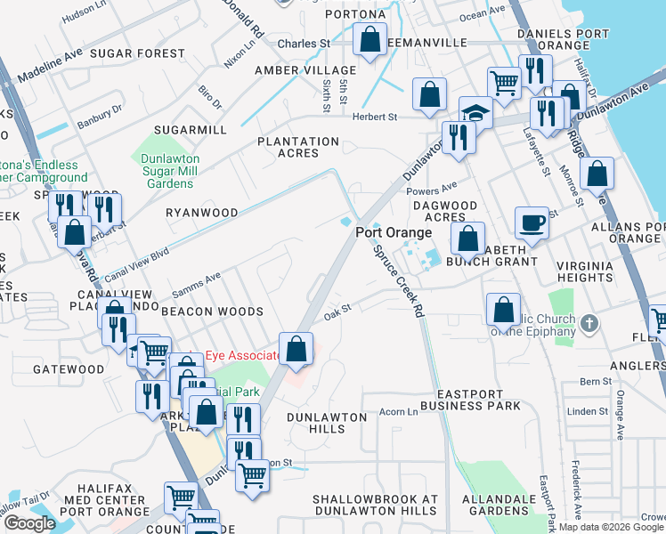 map of restaurants, bars, coffee shops, grocery stores, and more near in Port Orange