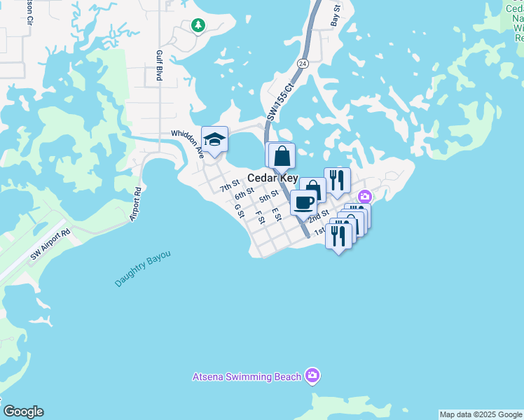 map of restaurants, bars, coffee shops, grocery stores, and more near 5040 E Street in Cedar Key