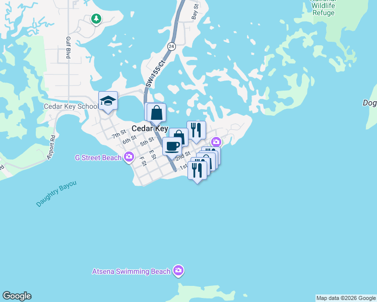 map of restaurants, bars, coffee shops, grocery stores, and more near 509 3rd Street in Cedar Key