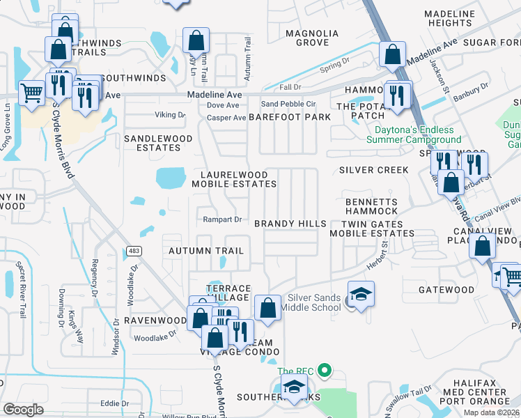 map of restaurants, bars, coffee shops, grocery stores, and more near 162 Brandy Hills Drive in Port Orange