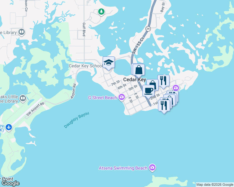 map of restaurants, bars, coffee shops, grocery stores, and more near 850 6th Street in Cedar Key