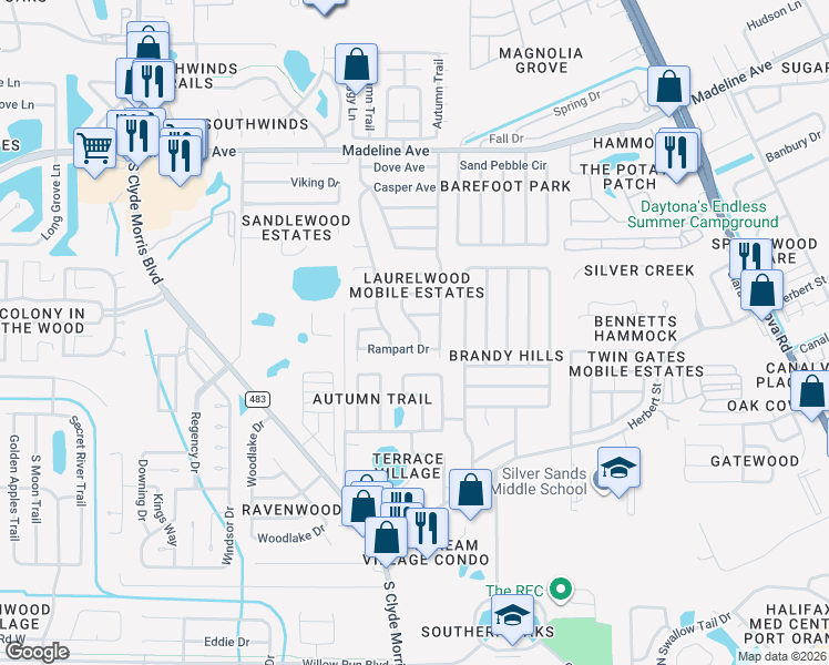 map of restaurants, bars, coffee shops, grocery stores, and more near 706 Gilpin Way in Port Orange