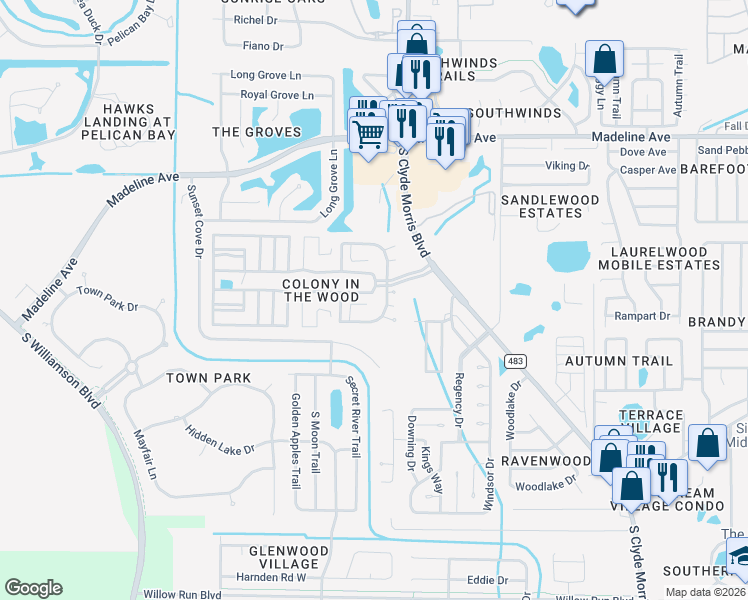 map of restaurants, bars, coffee shops, grocery stores, and more near 79 Maple in the Wood in Port Orange