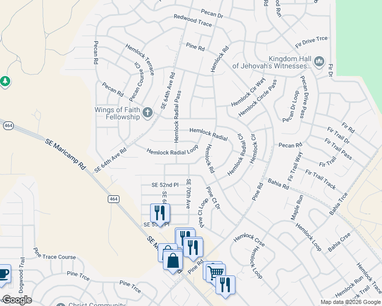 map of restaurants, bars, coffee shops, grocery stores, and more near 43 Hemlock Radial Loop in Ocala